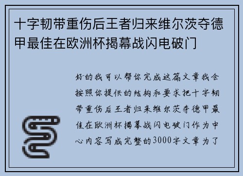 十字韧带重伤后王者归来维尔茨夺德甲最佳在欧洲杯揭幕战闪电破门